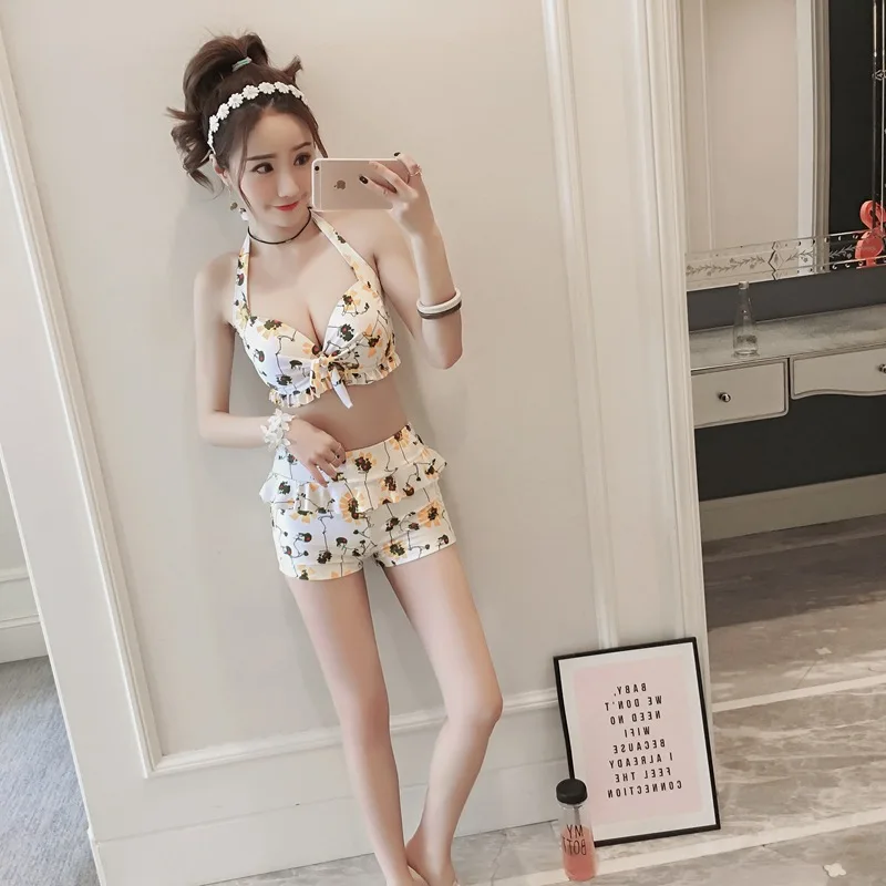 

Bathing Suit Women's Three-piece Set Printed Micro Steel Ring Bikini Flounced Split Type Swimwear Hot Springs Bathing Suit Women