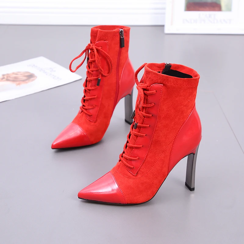 Г. Новые осенние женские красные ботильоны ботинки martin на шнуровке с острым носком на высоком каблуке 10 см Зимняя обувь женские свадебные ботинки-лодочки