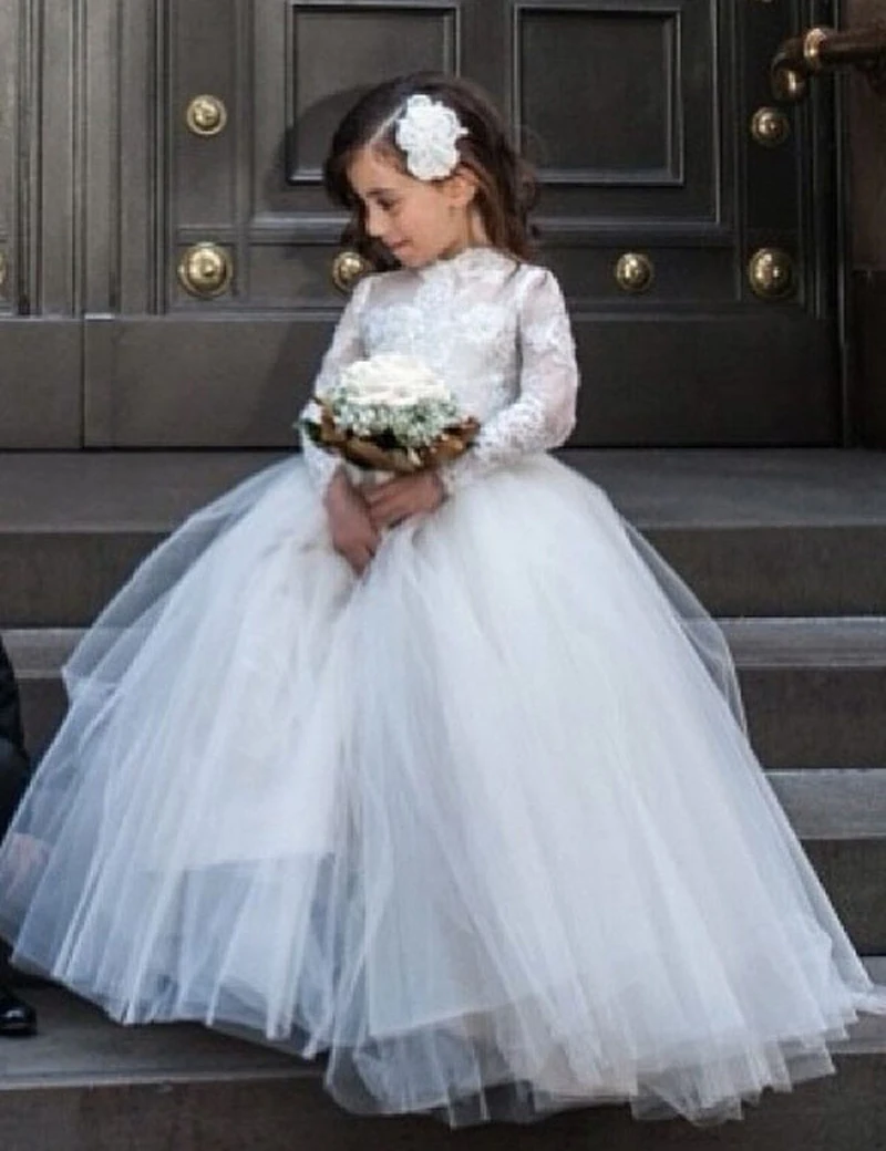 #^Special Price Meisjes Jurken Floor Lengte Kant Applicaties Lange Mouwen Scoop Baljurk Wit Little Flower Girls Jurken 2015 #^Special Price Meisjes Jurken Floor Lengte Kant Applicaties Lange Mouwen Scoop Baljurk Wit Little Flower Girls Jurken 2015