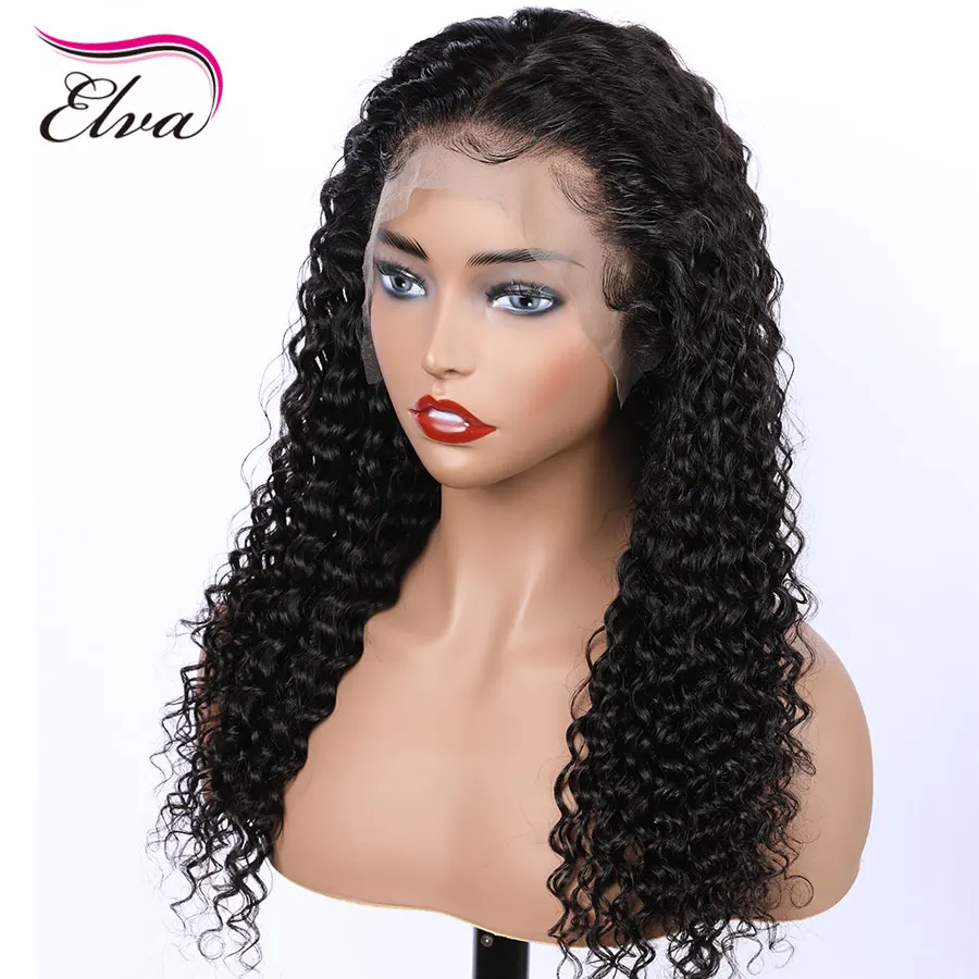 Elva ВОЛОС 13x6 Синтетические волосы на кружеве человеческих волос парики для волос с детскими волосами натуральные вьющиеся парик шнурка для черный Для женщин бразильский Волосы remy