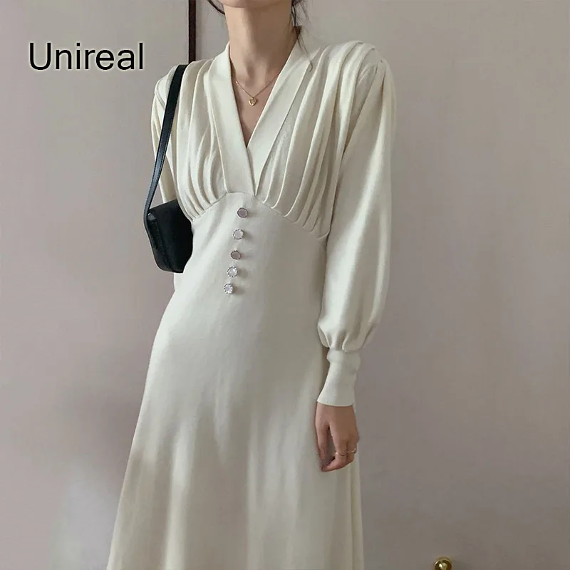 

Unireal 2022 Spring Autumn Women Party Dress Long Sleeve Vintage Elegant Lady Midi Dress