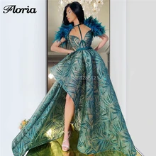 Специальная ткань, Блестящие Зеленые вечерние платья для арабов, Дубай, Vestidos, кафтаны, вечерние платья, перья, разрезные боковые платья для выпускного вечера