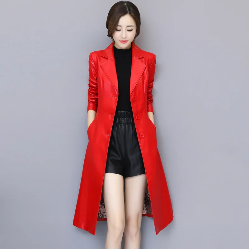 

Large Size Dress 2019 New Style Autumn And Winter Leather Coat Long Slimming Locomotive Washing PU Leather Jacket Coat Women's