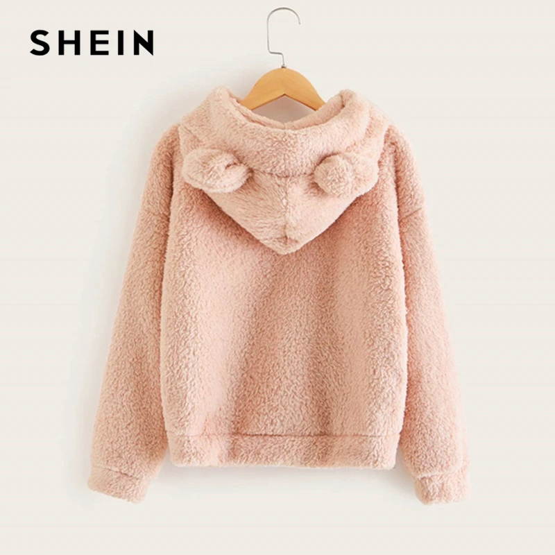 SHEIN kids/розовый однотонный зимний Повседневный свитер с капюшоном с ушками Тедди для девочек детские топы г. Осенние милые худи для подростков с длинными рукавами