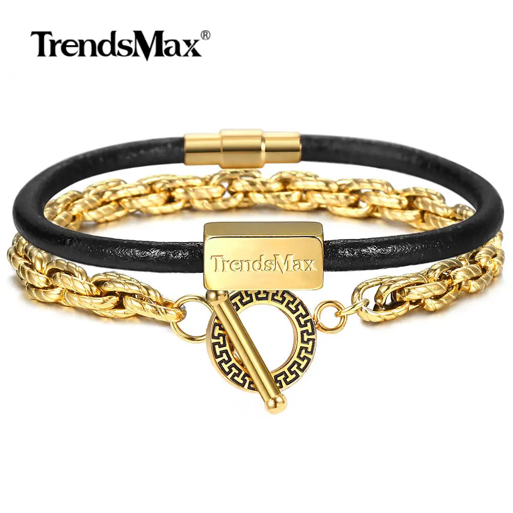 Trendsmax набор из 2 роскошных золотых браслетов из нержавеющей стали, браслет из натуральной кожи для мужчин и женщин, ювелирный браслет DLBF56