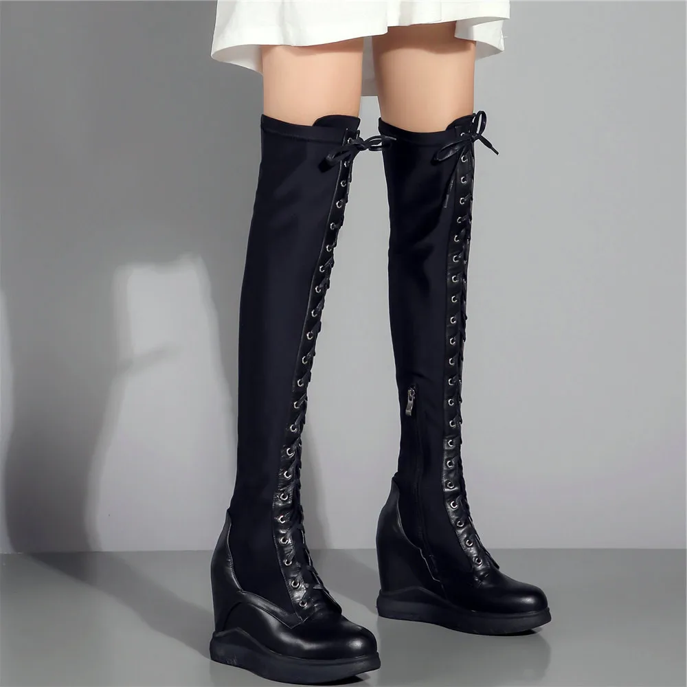 2021 Platform Pumps Shoes Women Genuine Leather Wedges High Heel Over The Knee Boots Female Stretchy Thigh High Fashion Sneakers
