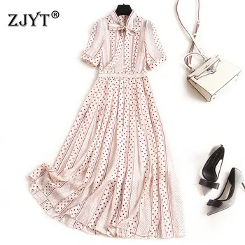 

Runway Designer Fashion Summer Dresses for Women 2020 New Clothes Elegant Bow Collar Short Sleeve Polka Dot Print Chiffon Dress