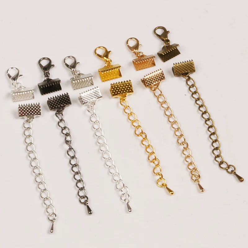 10pcs/lot Ribbon Leather Cord End Fastener Clasps With Chains Lobster