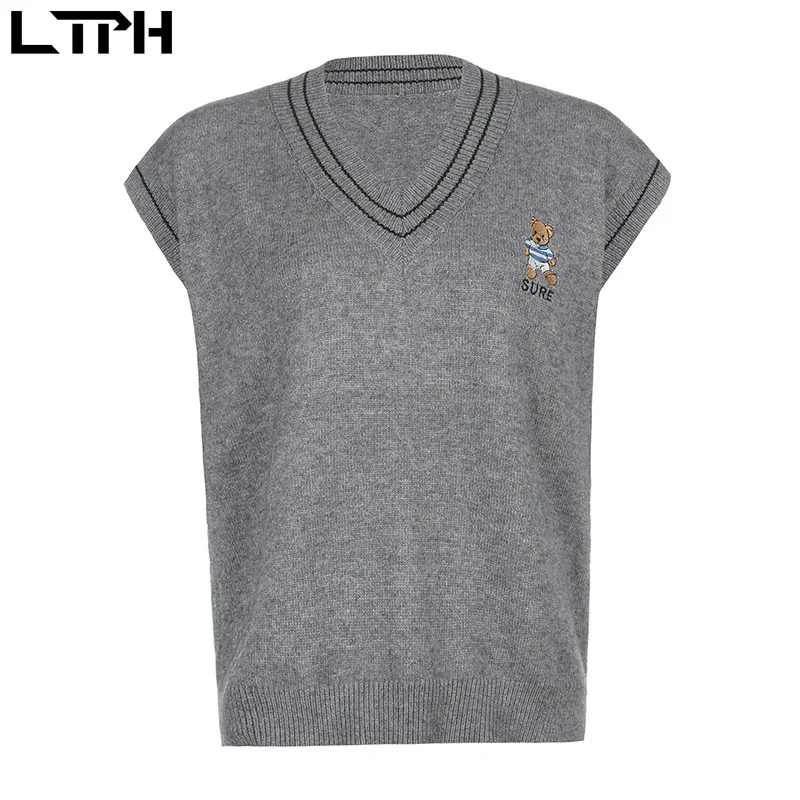 

LTPH Grey Loose pullover Knitted Sleeveless sweater vest women Casual All-match V-Neck bear Embroidery Sweaters 2020 Autumn New