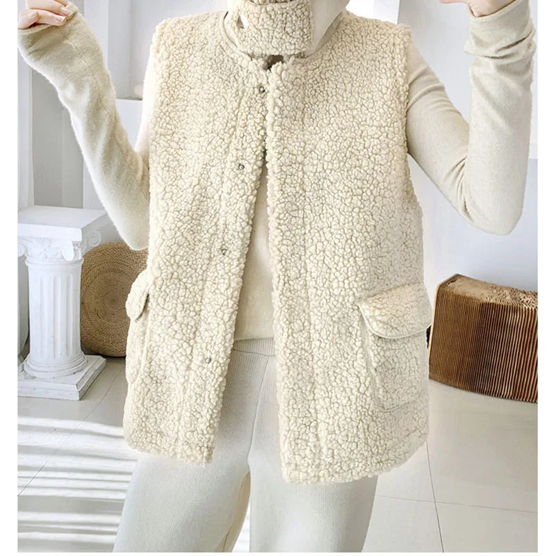 

Wenfly Womens Waistcoat Winter Vest Jacket Pocket Thick Loose Korean Version Fur Lamb Plush Warm Outerwear Harajuku Femme