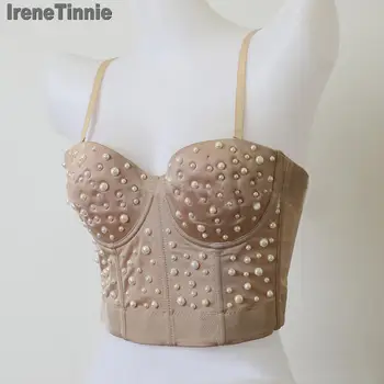 

Irene Tinnie Sexy Pearls Beads Cropped Tops Women Bustier White Tank Top Rave Festival Club Party Top Underwear Camis