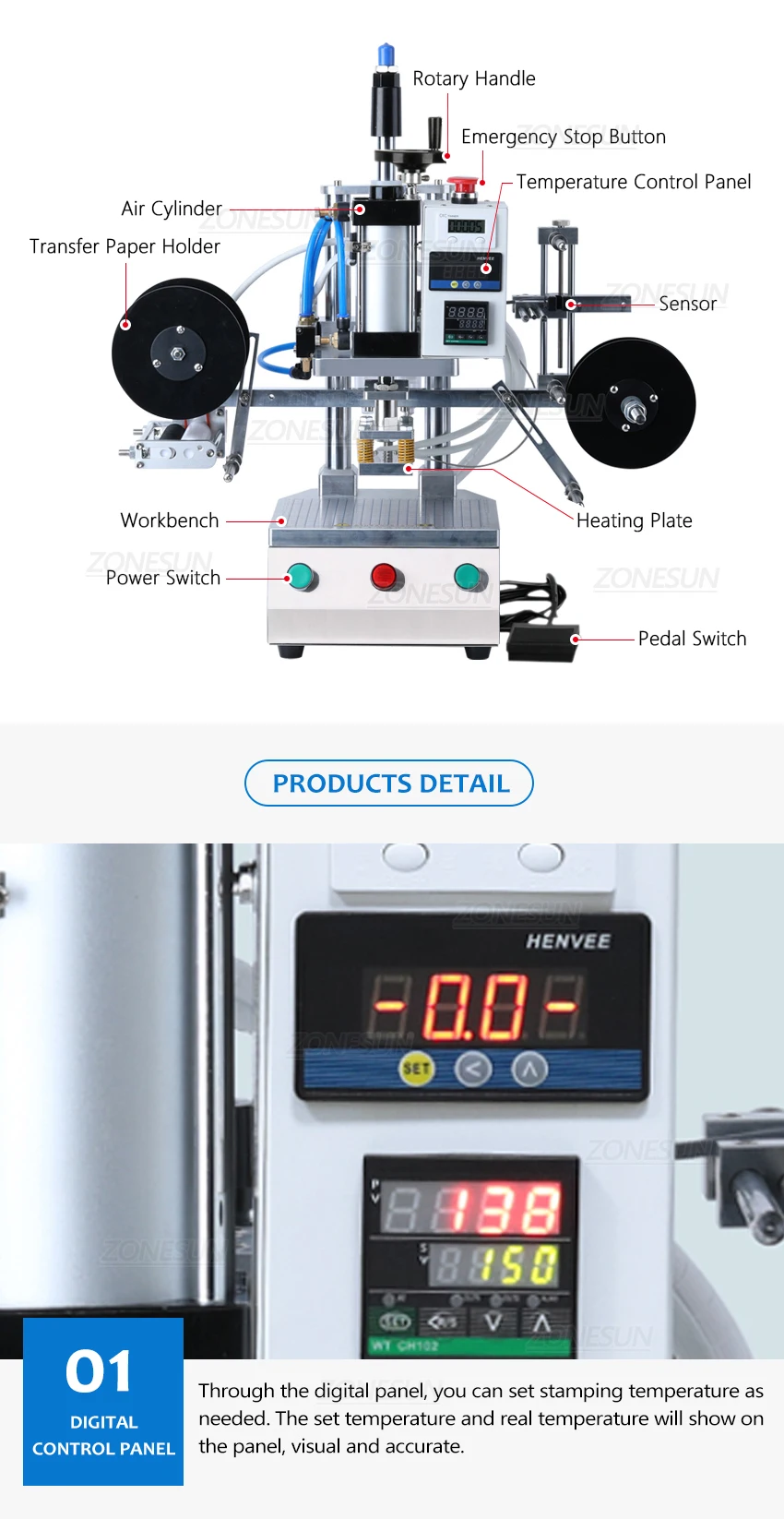 ZONESUN ZS-TY100 Máquina pneumática de estampagem por transferência térmica