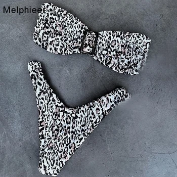 

2020 Leopard Smocked Bikini Women Swimsuit Thong Ruched Swimwear Sexy Shirred Bathing Suit Padded Biquini Beach wear Monokini