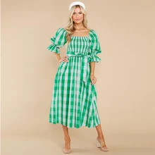 

dresses for women 2022 Summer slim Slash-neck strapless plaid print beach dress Sexy bow midi female dress
