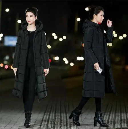 black Женские парки X-long, M-6XL, водонепроницаемые, ветрозащитные, до-25 градусов, на синтепоне, зимние, Базовый стиль, одноцветные, тонкие, размера плюс, куртка с капюшоном, пальто - Цвет: black