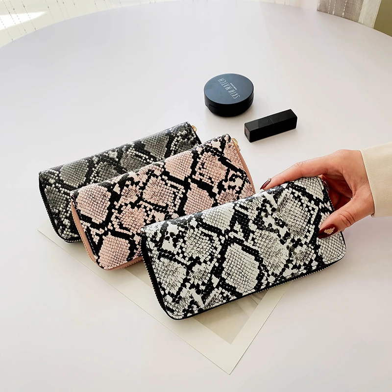 Brown Snake Skin Pattern Wristlet Wallet – Long Purse With Zipper, Card Holder, Detachable Strap, For Women