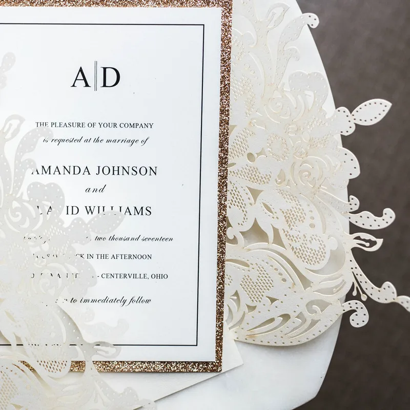  10pcs Pink Wedding Invitation Card Laser Cut Floral Glittering Engagement Baptism Briadal Invitatio - 4.00028E+12