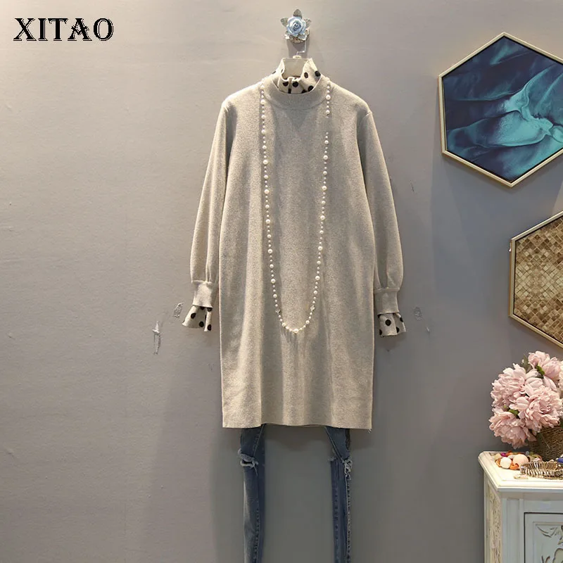 XITAO трикотажное женское платье Плиссированное маленькое свежее Повседневное платье с длинным рукавом богиня веер миноритарный Свободный пуловер платье с высоким воротом DMY2289 - Цвет: khaki DMY2289