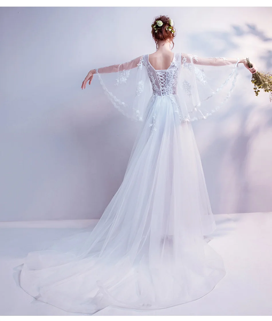 Robe De Mariee, v-образный вырез, длинные рукава, Vestidos De Noiva, со шлейфом, кружевное свадебное платье с аппликацией, тюль, ТРАПЕЦИЕВИДНОЕ женское свадебное платье