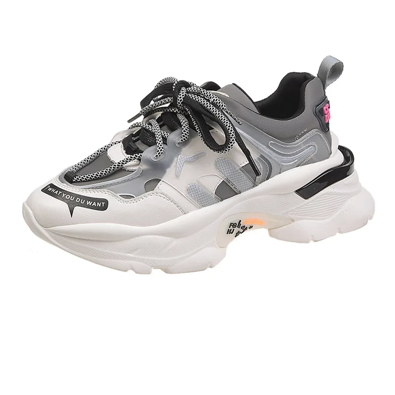 Женские массивные кроссовки на платформе 5 см; повседневная обувь из вулканизированной кожи на шнуровке; роскошные дизайнерские модные женские кроссовки для папы - Цвет: Gray