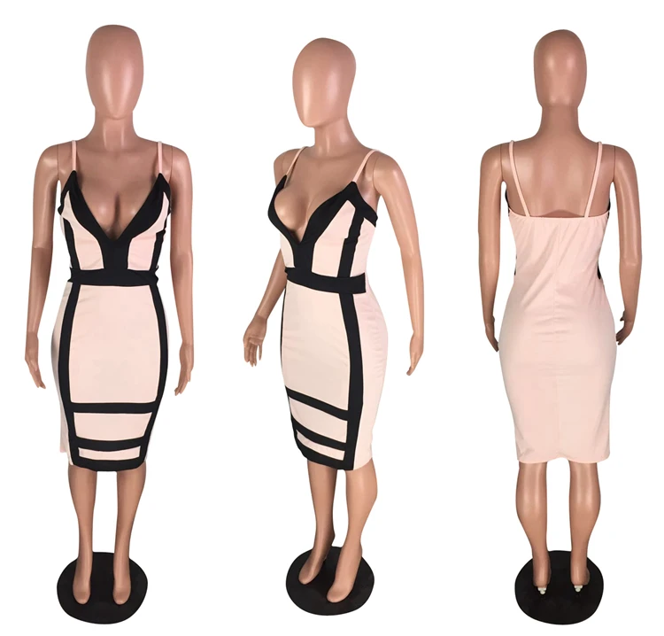 HOT sale sexy V-neck knee-length striped beige dress for women VYN8099