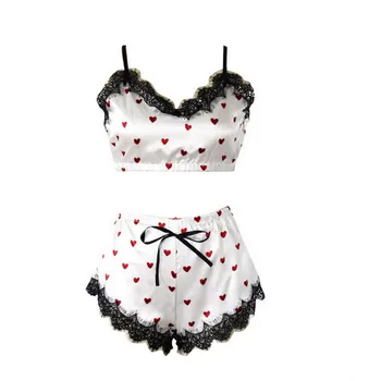 

2020 New Summer Women 2 Piece Lingerie Sets Fashion Love Heart Lace Cami Shorts Homewear Pajama Suits Erotic Lingerie Sleepwear
