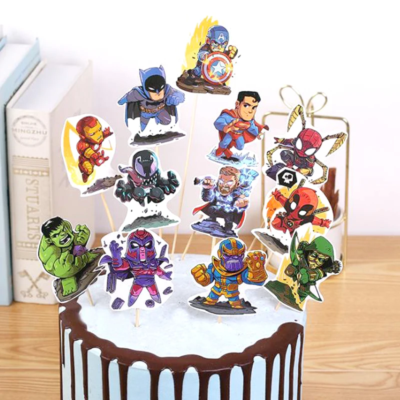 

1Set/Pack Birthday Party Avengers/Spider Man/Bat Man/Super Man/Captain America Cupcake Toppers With Sticks Decorate Cake Topper