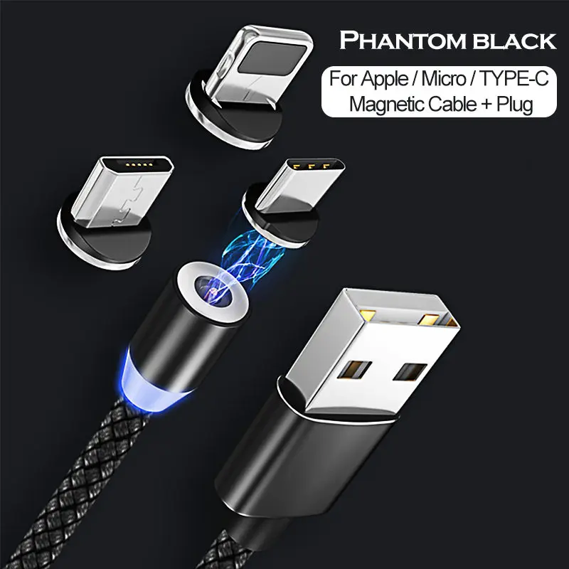 Black For 3 Plug Магнитный usb-кабель для быстрой зарядки USB type C, магнитный светодиодный кабель для зарядки 1 м 2 м, кабель Micro usb для мобильного телефона, usb-кабель - Цвет: Black For 3 Plug