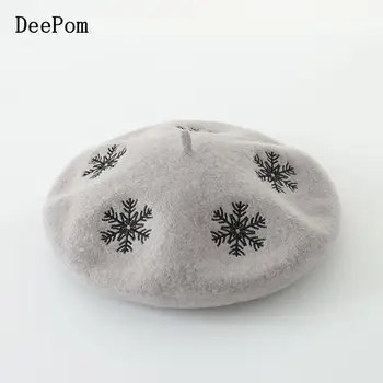 

DeePom Brand Wool Beret Winter Hats For Women Snowflake Embroidered Red Beret Female Boina Feminina Christmas Gift England