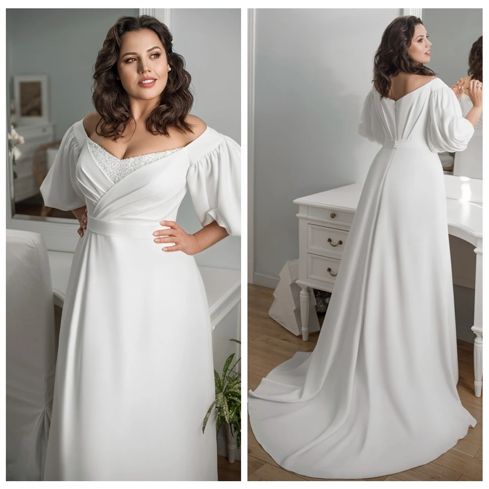 

Elegant Plus Size Wedding Gown High Quality Lantern Sleeves Jersey Bride Dress Vestido de Novia A-line Wedding Dress