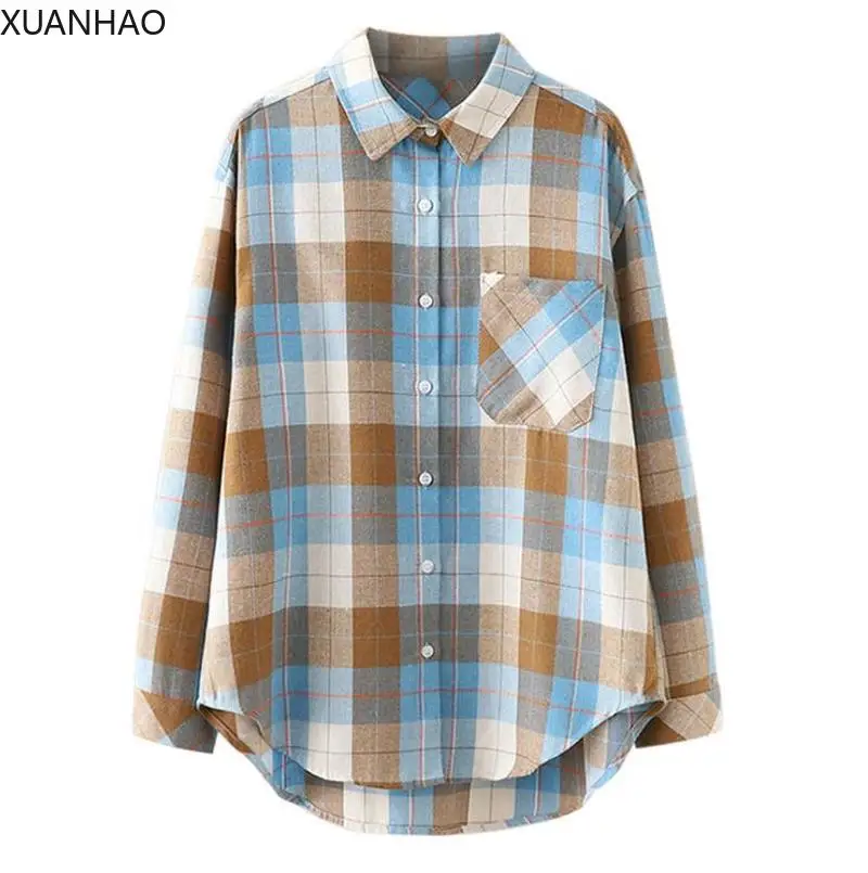 

XUANHAO Autumn Plaid Shirts Women's Blouses Loose Long Sleeve Lady Tops Checked Female Clothes Outwear With Pocket CS8117