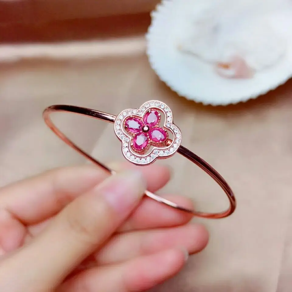 

MeiBaPJ Natural New Burned Ruby Gemstone Flower Bracelet 925 Sterling Silver Red Stone Bangle for Women Fine Wedding Jewelry