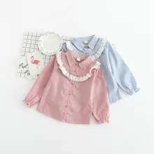 Осенние базовые рубашки, блузка для маленьких девочек, детские полосатые кружевные топы принцессы с оборками, рубашка WT737