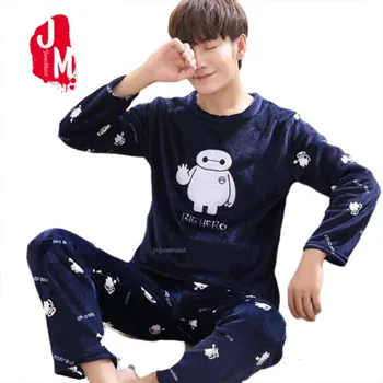 

Men Pajamas Winter Spring Long Sleeve Warm Flannel Sleepwear Long Pullover Long Pant Cartoon Pajama Set Luxury Nightwear