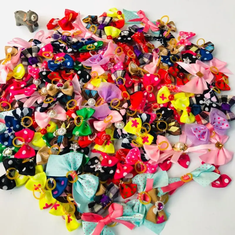 60PCS Imitation Rhinestone Dog Puppy Hair Bows Pet Hair Grooming Decor Bowknot