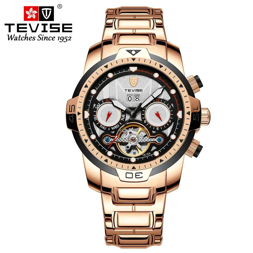 TEVISE высокое качество мужские s часы для мужчин нержавеющая сталь автоматические механические наручные часы Скелет турбийон часы Relogio Masculino - Цвет: rose gold