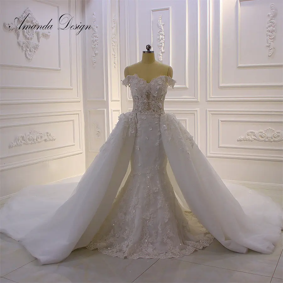 Аманда дизайн Съемный Поезд с плеча кружевные аппликационные цветы русалка свадебное турецкое платье