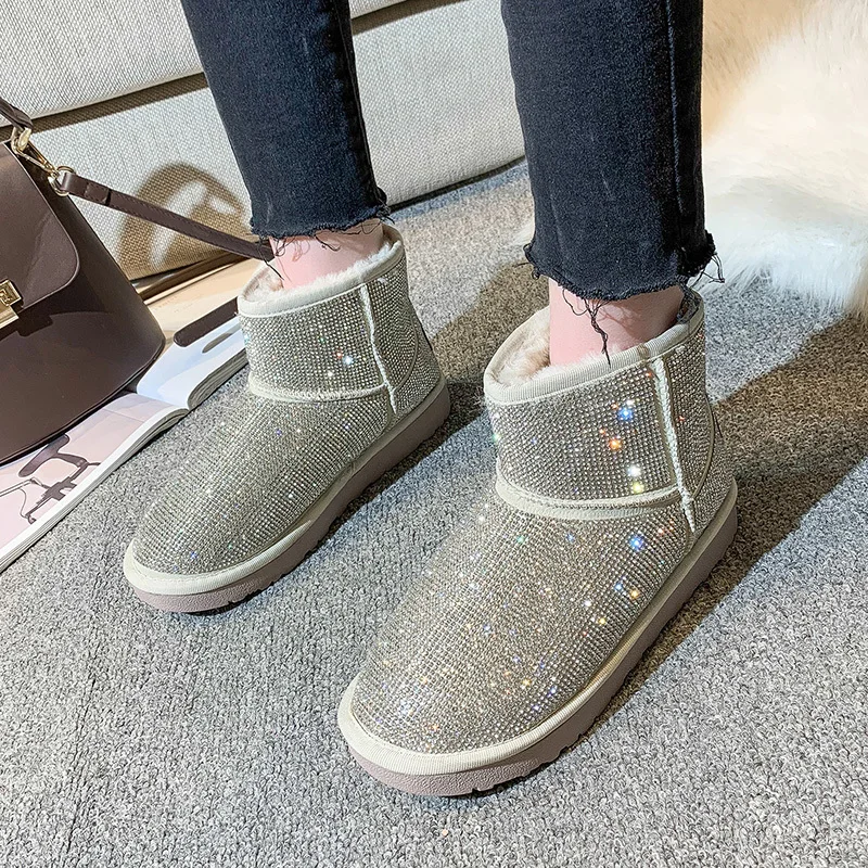 

Rimocy Luxury Rhinestone Snow Boots Women Slip on Warm Plush Winter Shoes Woman Flat Platform Sparkly Ankle Boots Black Silver
