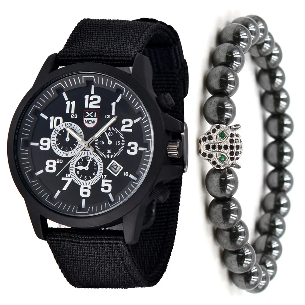

Hot Selling Men Fashion Creative Fake Three-Eyed Canvas Quartz Watch + Bracelet Set (2pcs/set) Watch