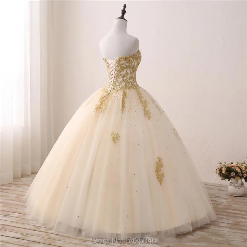 Cheap Real Images Gold Appliqued Ball Gown Quinceanera Dresses Sweetheart Tulle Floor Length Sweet 16 Dresses Party Dress