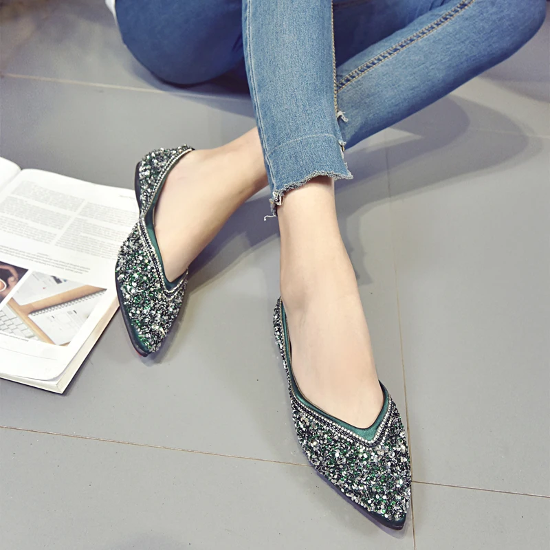 rhinestones women casual shoes fashion shiny ladies dress footwear pointed slip on female ballet flats mixed colors moccasins (44)
