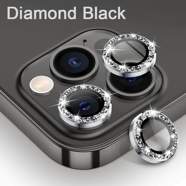 Diamond Glitter Camera Lens Protector On For iPhone 13 12 11 Pro Max Mini Metal Ring Lens Glass On iPhone 13 Pro Max Protective Diamond Black