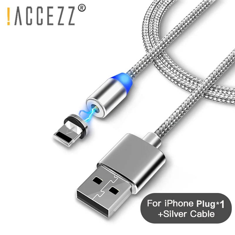 ACCEZZ Магнитный USB кабель Micro USB кабель для iPhone 11 Pro Max samsung S9 type C Быстрая зарядка 2 м телефонный кабель 1 м светодиодный провод шнур - Цвет: Silver For iphone