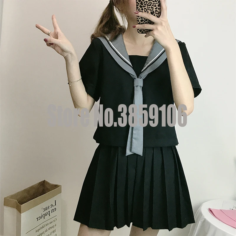Short Black Set Uhyd JK школьная форма для девочек темно-синяя Матросская одежда японский свитер куртка Студенческая форма - Цвет: Short Black Set