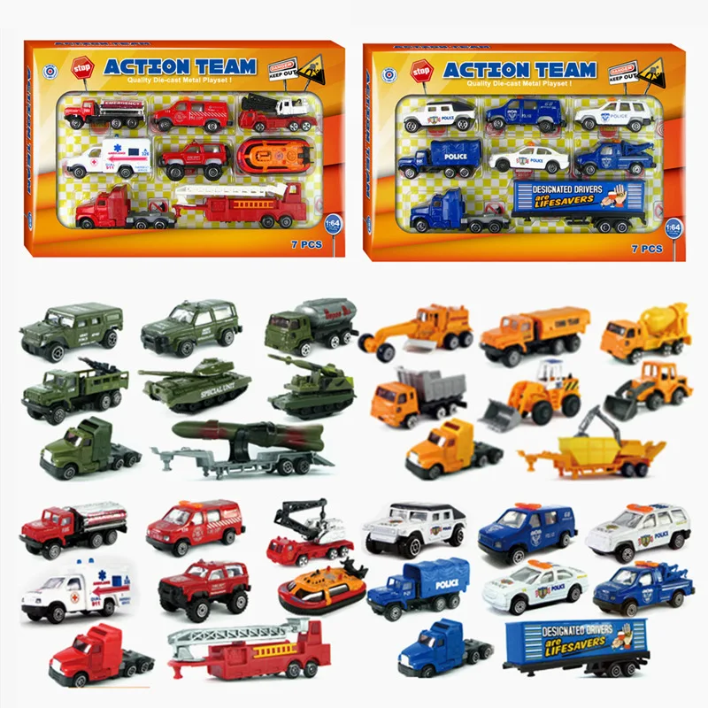 

Hot Sales Alloy Car Model 7-Piece Set Fire Truck Police Car Engineering Vehicle Military Model Toy Gift