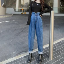 EAD осенние и зимние новые с высокой талией тонкие шаровары женские корейские повседневные свободные джинсы больших размеров синие брюки