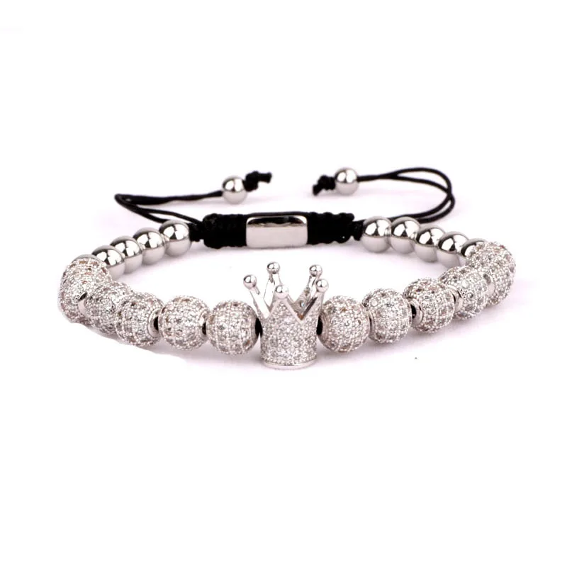 High Quality Luxury Men Women Jewelry Bracelet 8mm CZ Micro Pave Ball Crown Adjustable Beads Bracelet - Image 2