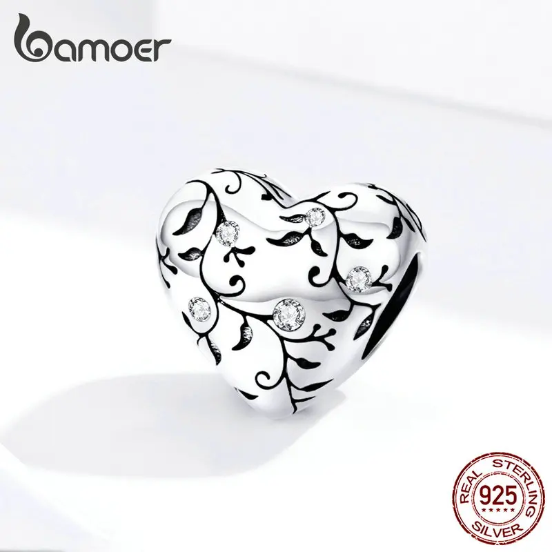 Bamoer, Европейский узор, сердце, бусины, шарм, серебро, 925,, пасторальный стиль, Ретро стиль, цветок, амулеты, ювелирное изделие, сделай сам,, новинка SCC1323