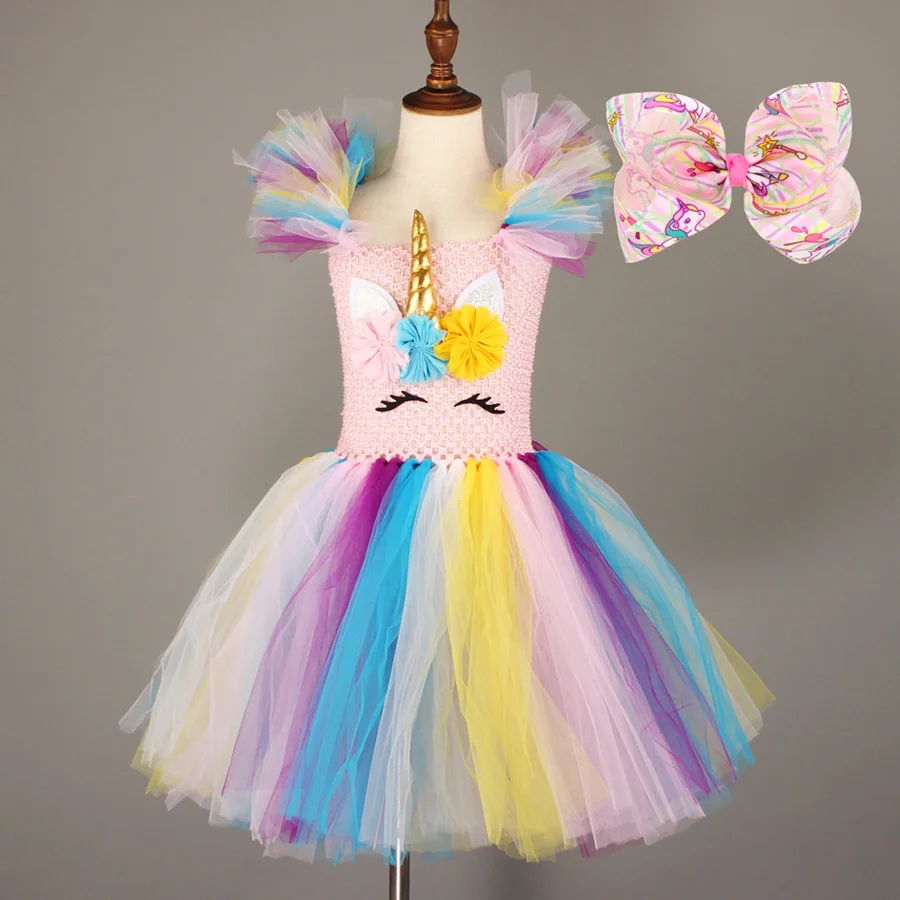 dress and bow Рождественское платье для девочек с бантом и шпилькой; розовое платье с единорогом и крыльями; платье-пачка для рождественской вечеринки; костюм принцессы; одежда для детей - Цвет: dress and bow