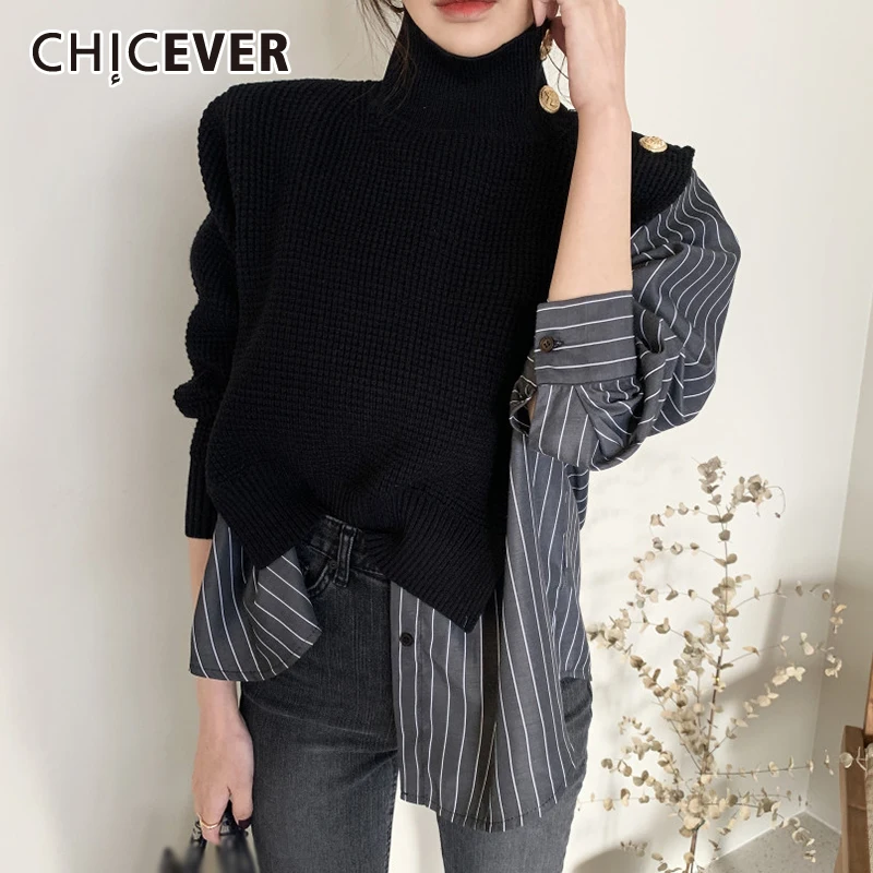 CHICEVER Hit Color Sweaters For Women Turtleneck Long Sleeve Patchwork Striped Designer Knitted Oversized Pullovers Female 2021 | Женская